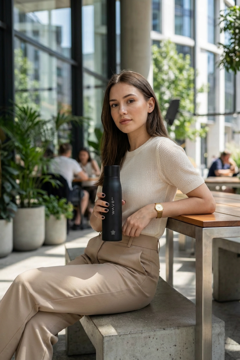 woman holding the wave one bottle